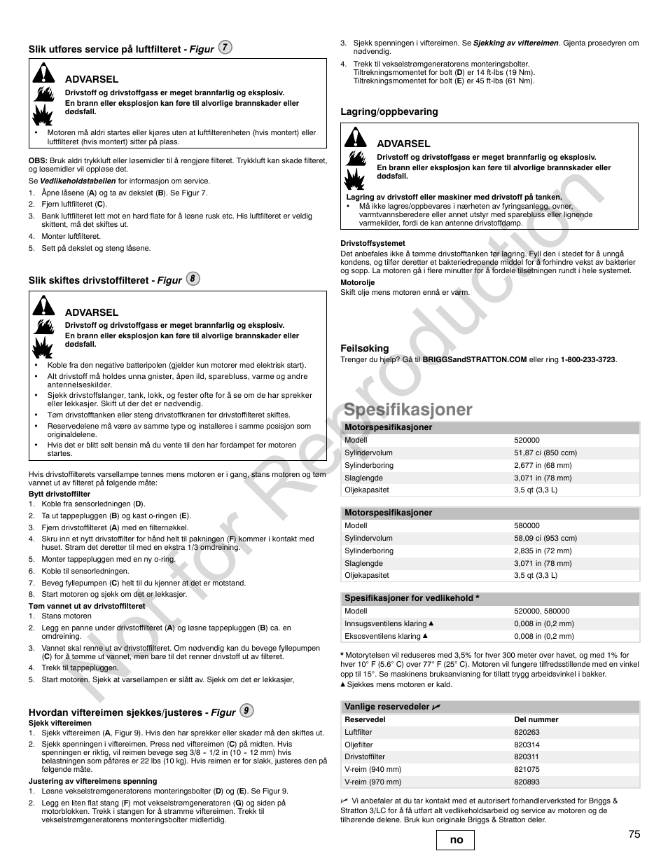 Not for reproduction, Spesifikasjoner, 75 no | Briggs & Stratton 580000 User Manual | Page 75 / 92