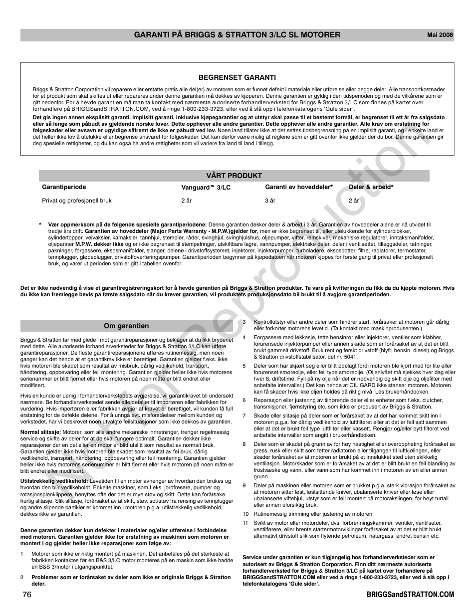 Not for reproduction | Briggs & Stratton 580000 User Manual | Page 76 / 92