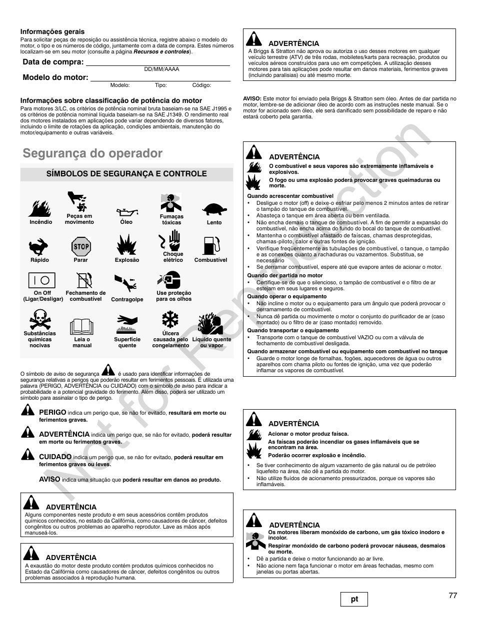 Not for reproduction, Segurança do operador, 77 pt | Data de compra: modelo do motor, Símbolos de segurança e controle | Briggs & Stratton 580000 User Manual | Page 77 / 92