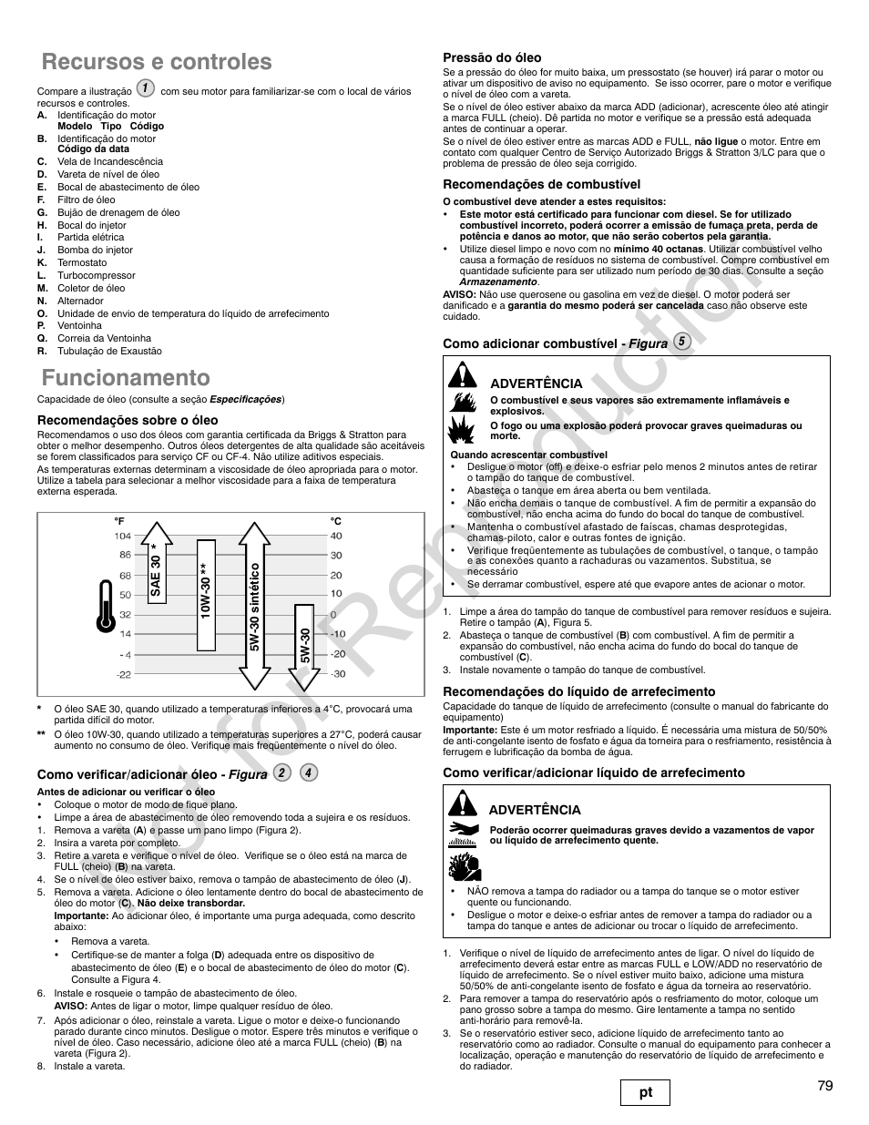 Not for reproduction, Recursos e controles, Funcionamento | 79 pt | Briggs & Stratton 580000 User Manual | Page 79 / 92