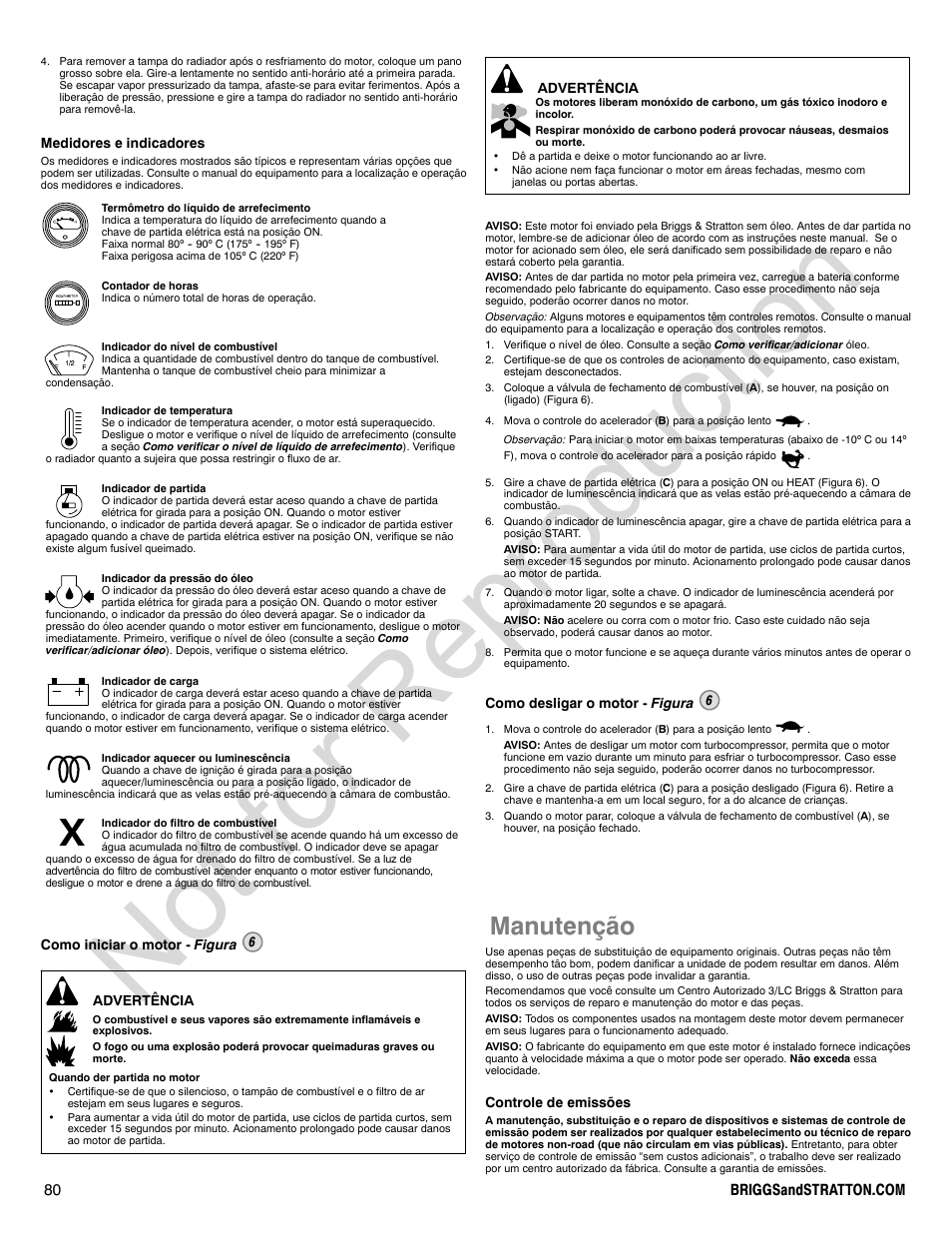 Not for reproduction, Manutenção | Briggs & Stratton 580000 User Manual | Page 80 / 92