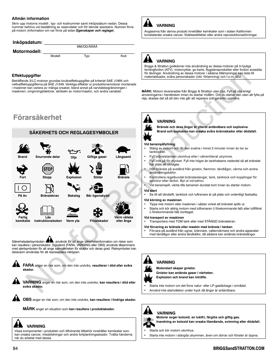 Not for reproduction, Förarsäkerhet | Briggs & Stratton 580000 User Manual | Page 84 / 92