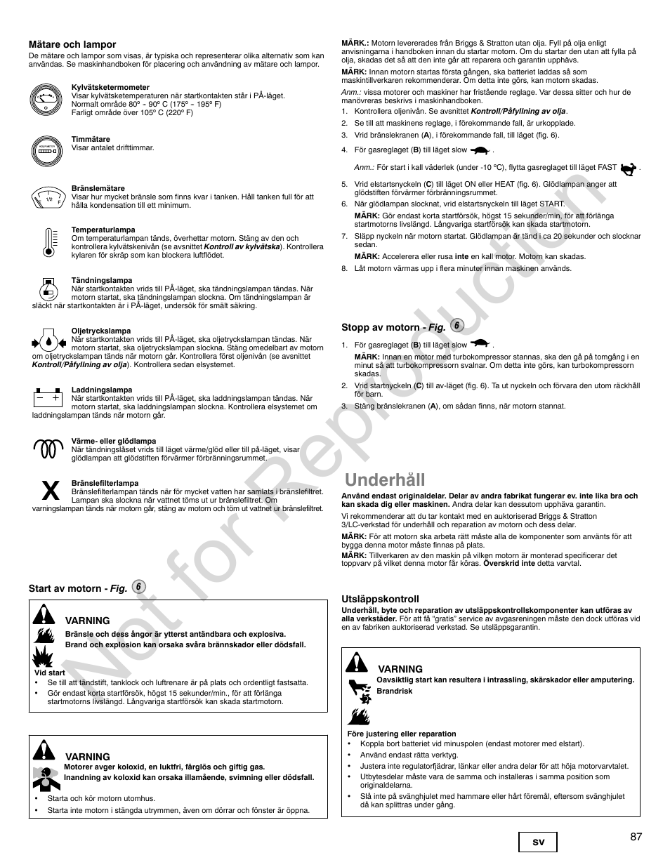 Not for reproduction, Underhåll | Briggs & Stratton 580000 User Manual | Page 87 / 92