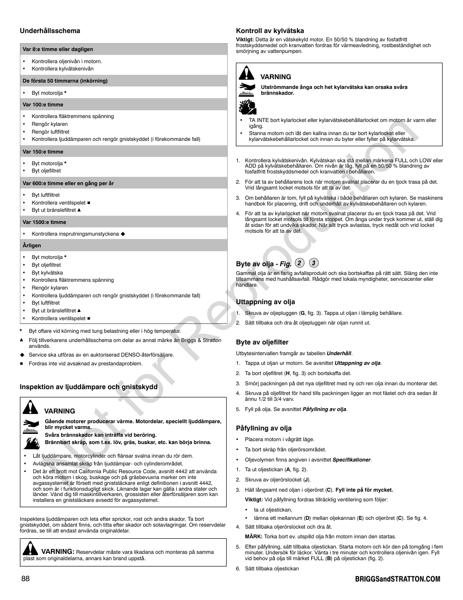 Not for reproduction | Briggs & Stratton 580000 User Manual | Page 88 / 92