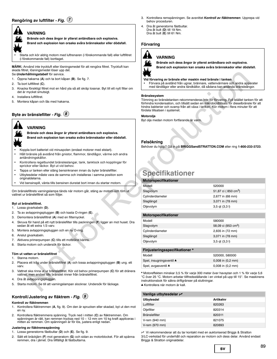 Not for reproduction, Specifikationer, 89 sv | Briggs & Stratton 580000 User Manual | Page 89 / 92