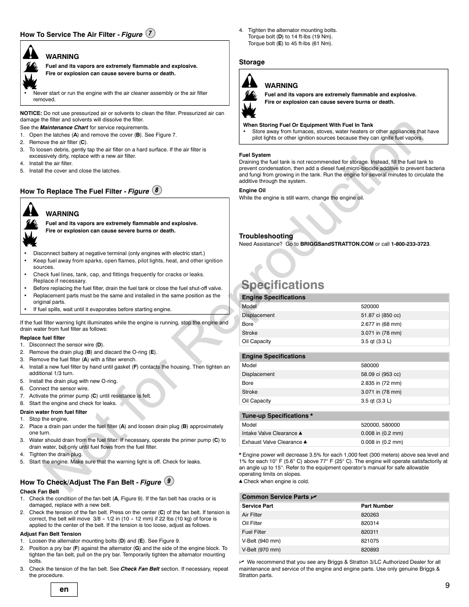 Not for reproduction, Specifications | Briggs & Stratton 580000 User Manual | Page 9 / 92