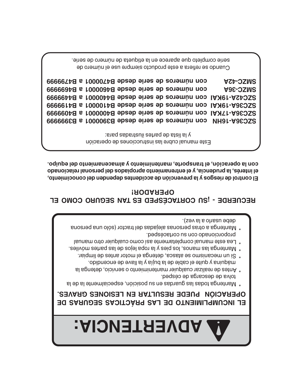 Advertencia | Briggs & Stratton SZC User Manual | Page 108 / 109