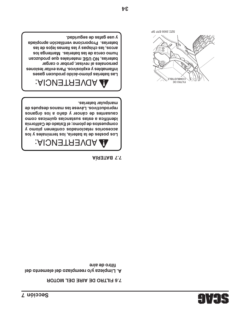 Adver tencia: adver tencia, 34 sección 7 | Briggs & Stratton SZC User Manual | Page 72 / 109