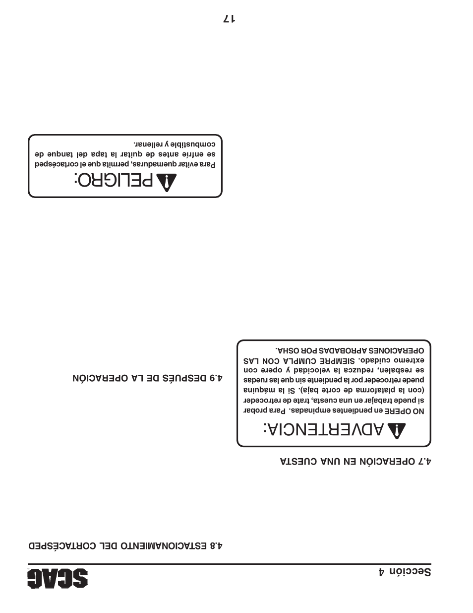 Peligro, Adver tencia, 17 sección 4 | Briggs & Stratton SZC User Manual | Page 89 / 109