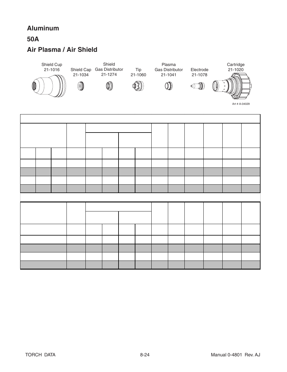 Aluminum 50a air plasma / air shield | Tweco XT-300 Torch Data for Distributor Ultra-Cut 150 & 200 Power Supply AJ User Manual | Page 24 / 40