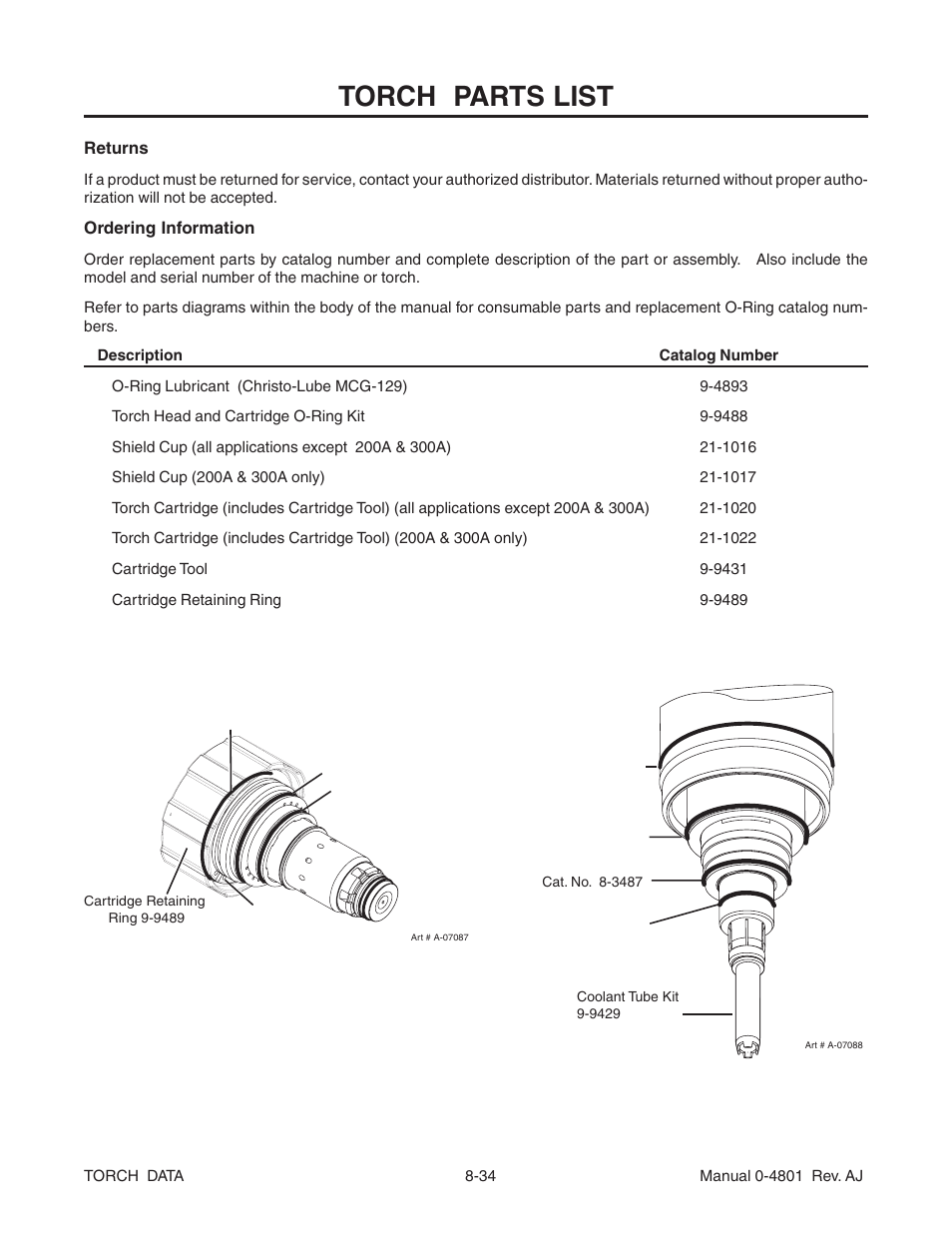 Torch parts list | Tweco XT-300 Torch Data for Distributor Ultra-Cut 150 & 200 Power Supply AJ User Manual | Page 34 / 40