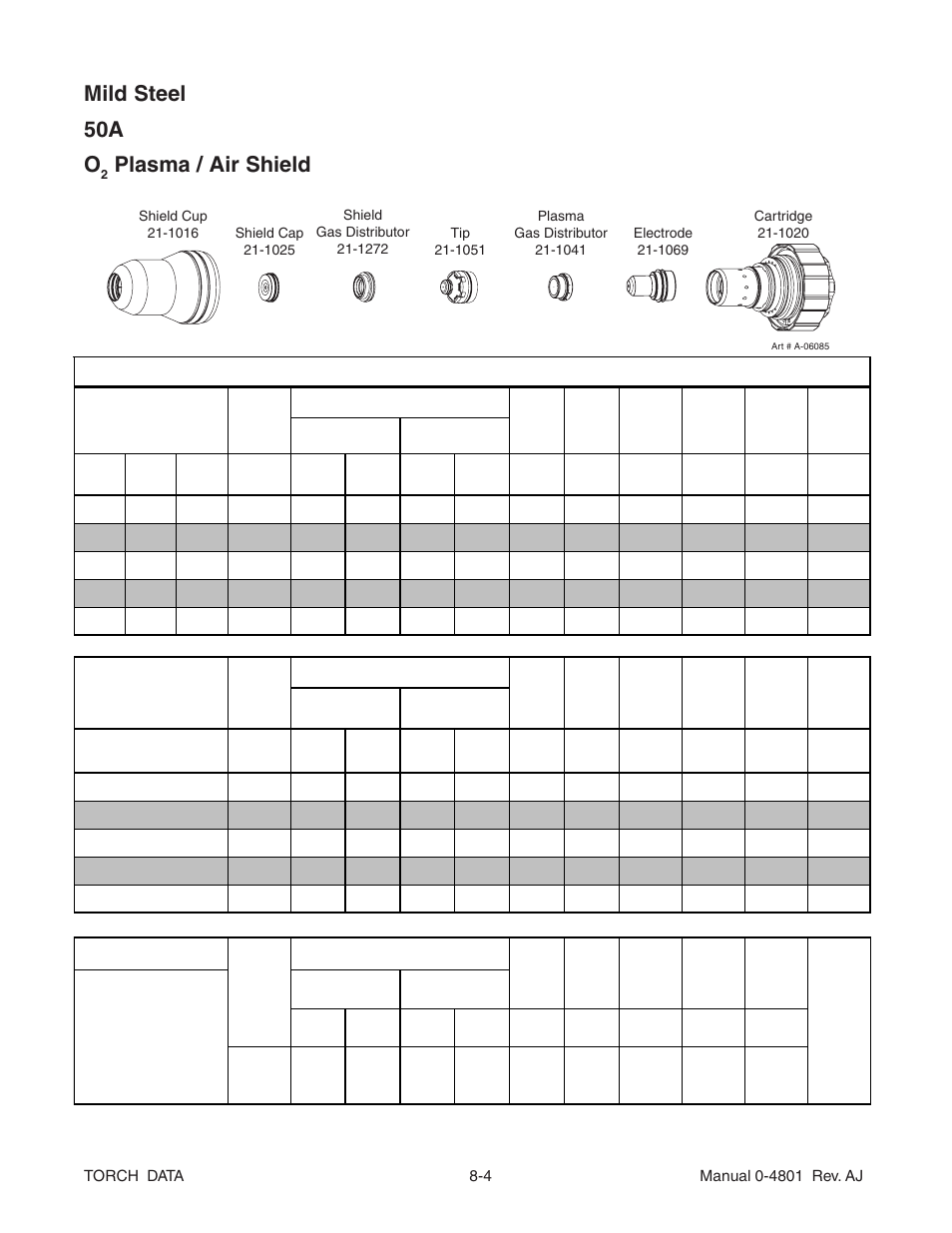 Mild steel 50a o, Plasma / air shield | Tweco XT-300 Torch Data for Distributor Ultra-Cut 150 & 200 Power Supply AJ User Manual | Page 4 / 40