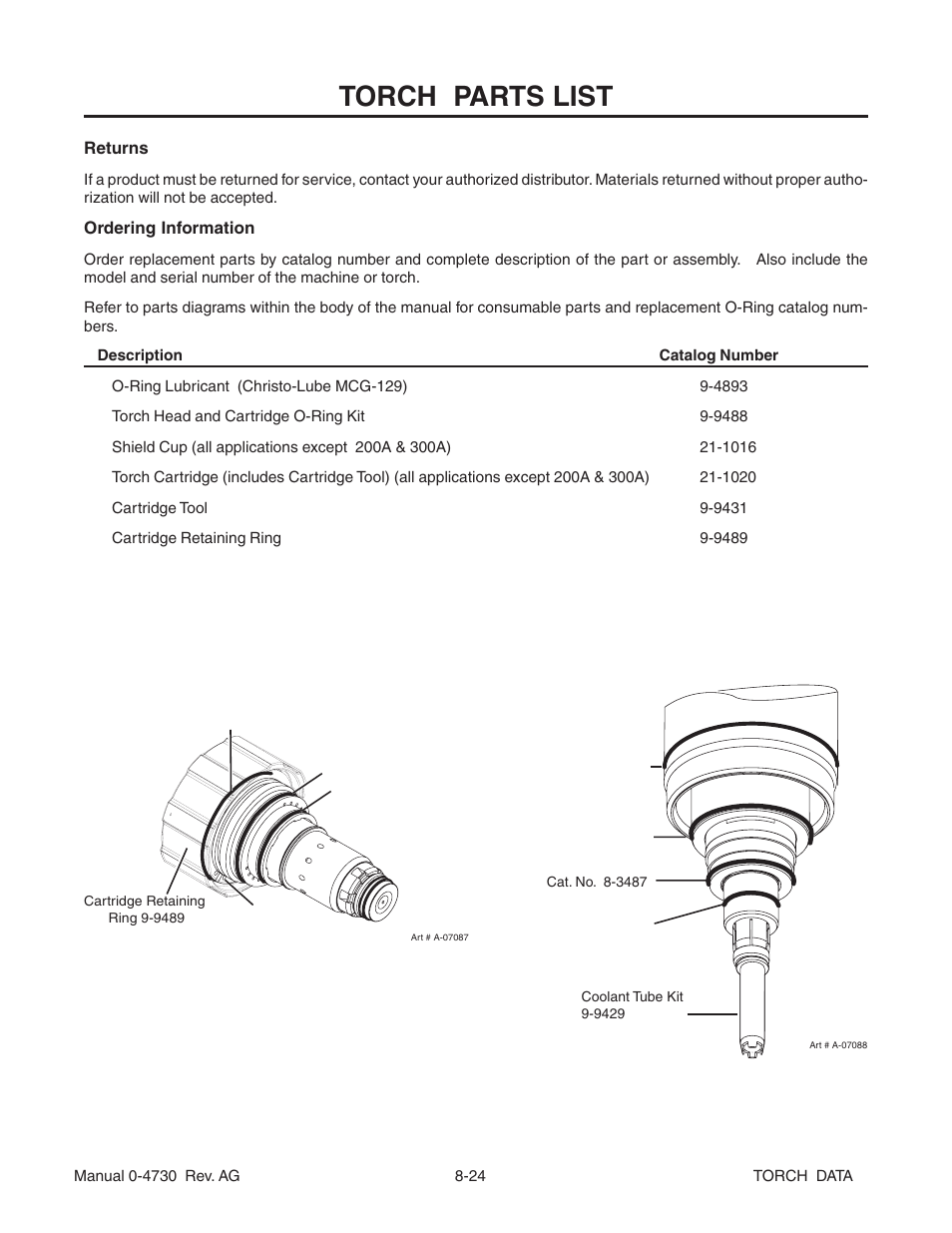 Torch parts list | Tweco XT-300 Torch Data for Distributor UltraCut-100 AG User Manual | Page 24 / 29