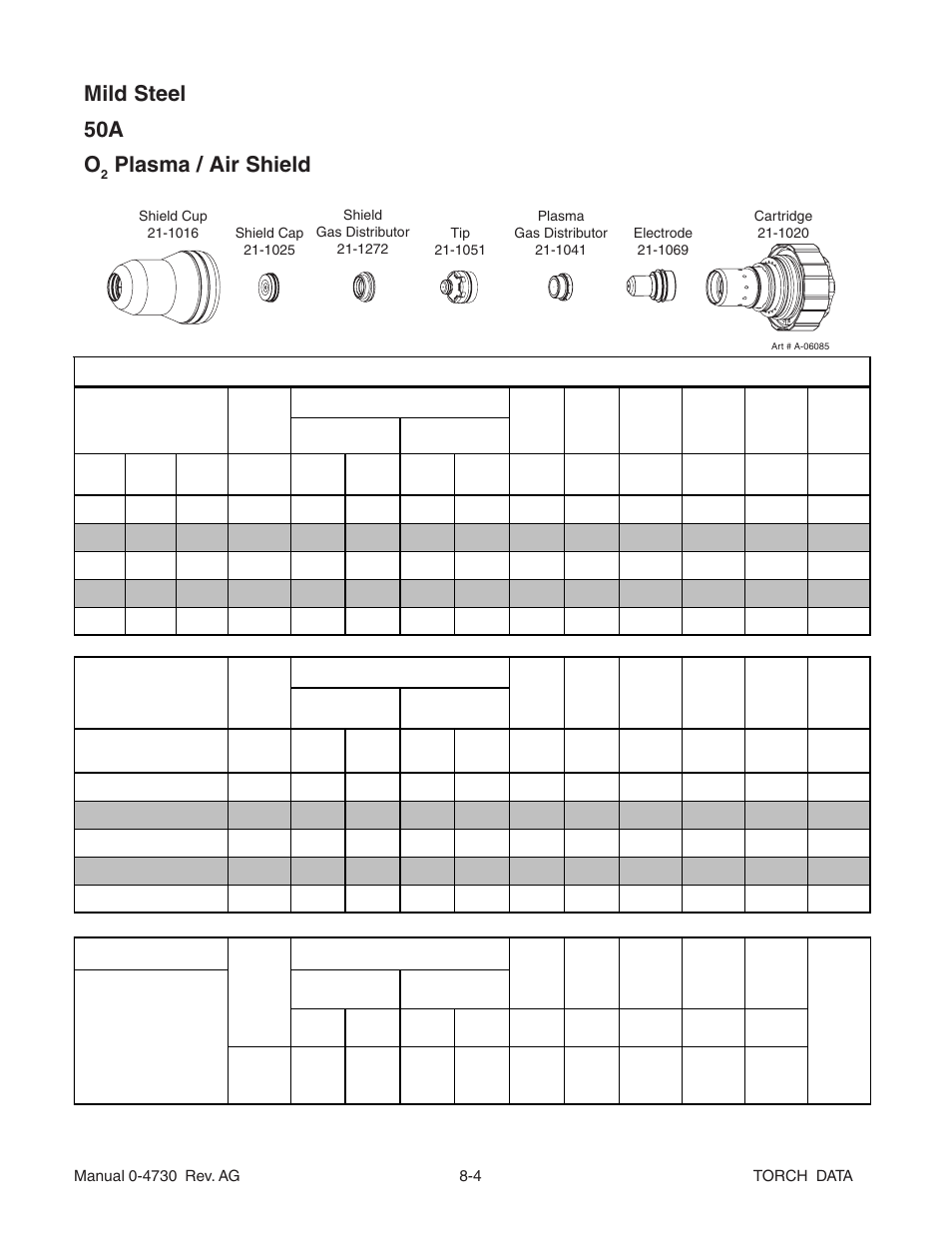 Mild steel 50a o, Plasma / air shield | Tweco XT-300 Torch Data for Distributor UltraCut-100 AG User Manual | Page 4 / 29