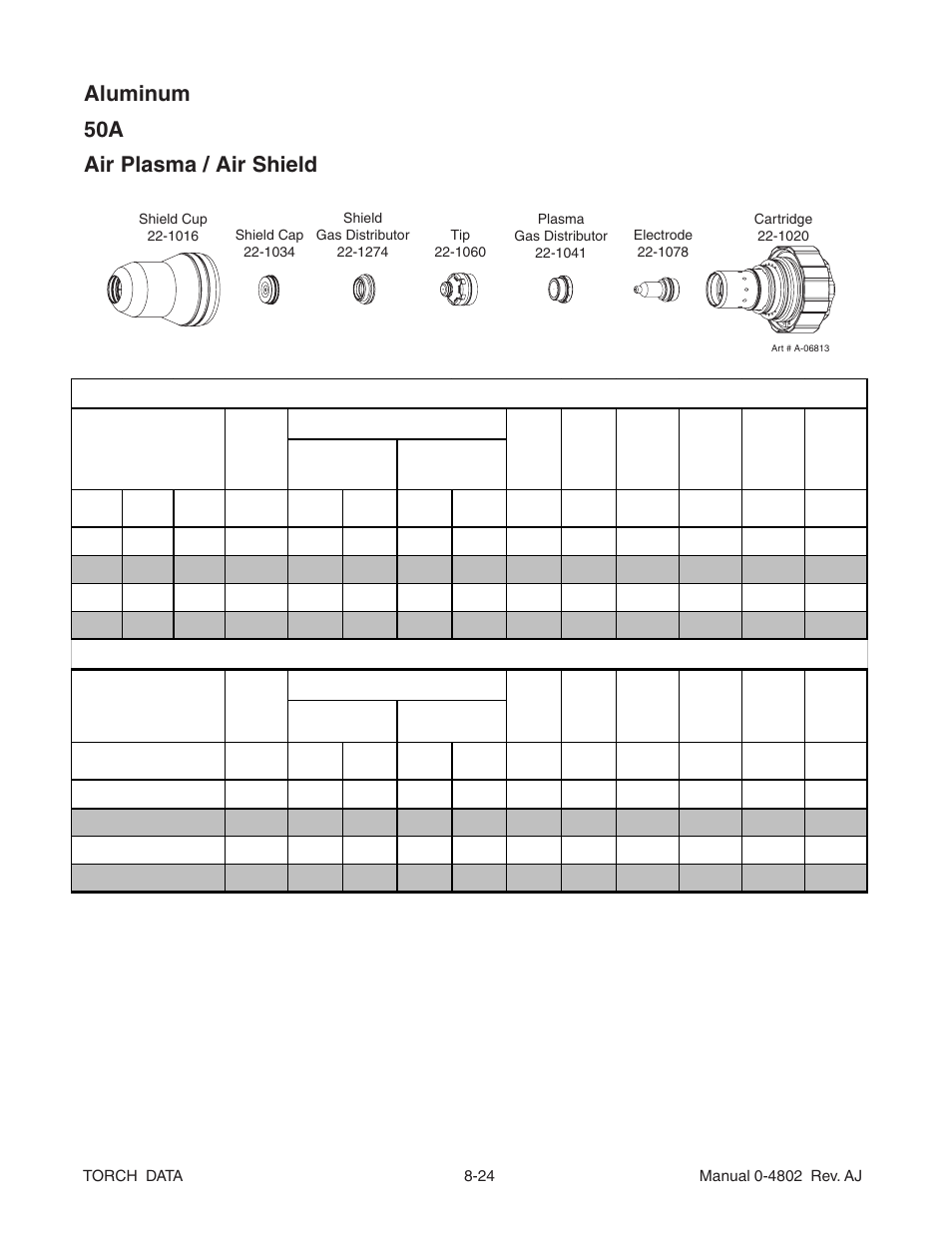 Aluminum 50a air plasma / air shield | Tweco XT-300 Torch Data for OEM Ultra-Cut 150 & 200 Power Supply AJ User Manual | Page 24 / 40