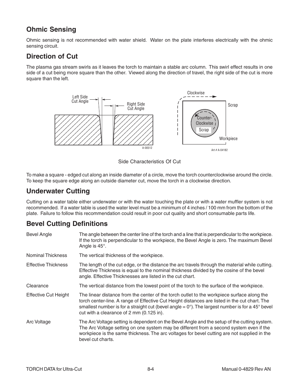 Ohmic sensing, Direction of cut, Underwater cutting | Bevel cutting definitions | Tweco XT-300 Torch for OEM UC-300 User Manual | Page 2 / 90