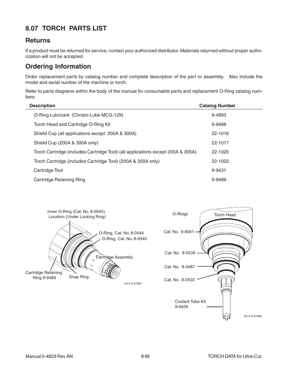 07 torch parts list returns, Ordering information | Tweco XT-300 Torch for OEM UC-300 User Manual | Page 83 / 90