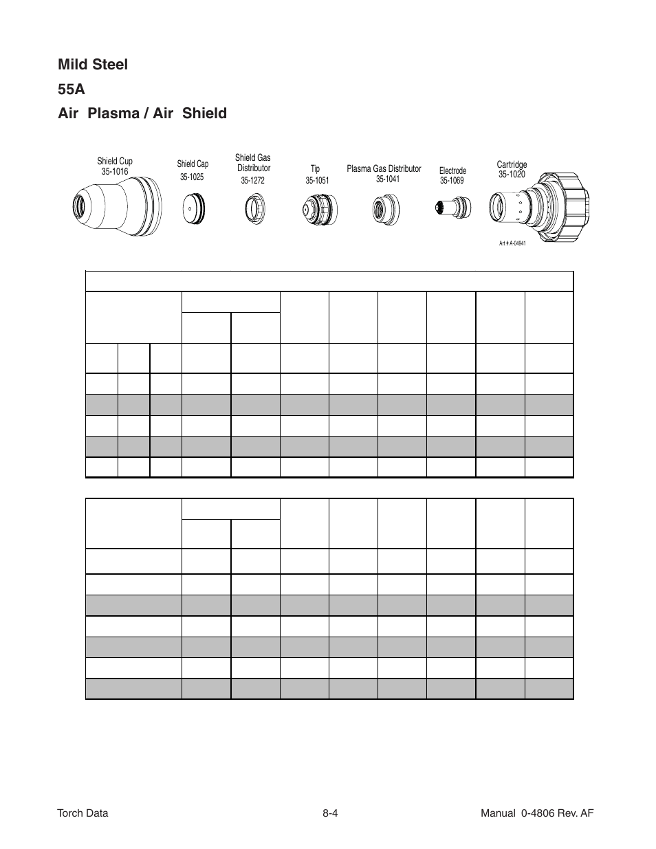 Mild steel 55a air plasma / air shield | Tweco XT-301 Torch Data for Distributor Use w- Auto-Cut 200 AF User Manual | Page 4 / 28