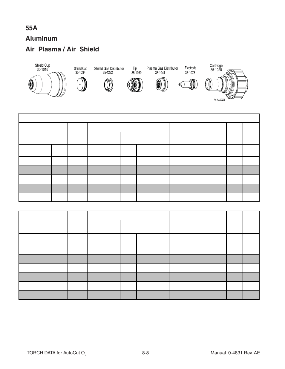 55a aluminum air plasma / air shield | Tweco XT-301 Torch Data for Distributor use w- Auto-Cut 30O2 AE User Manual | Page 8 / 54