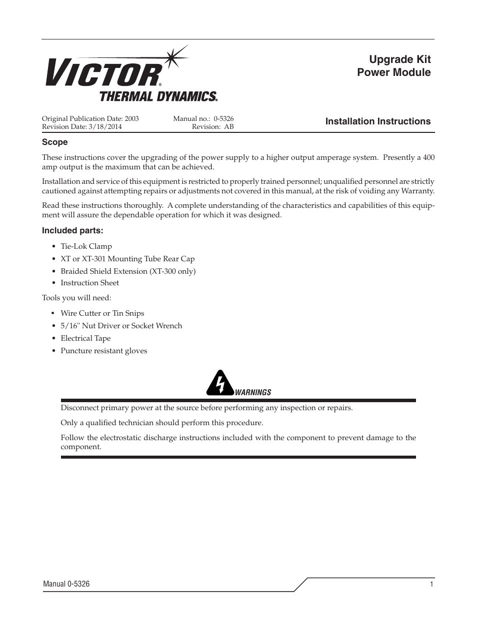 Tweco Victor Thermal Dynamics Power Module Upgrade Kit User Manual | 16 pages