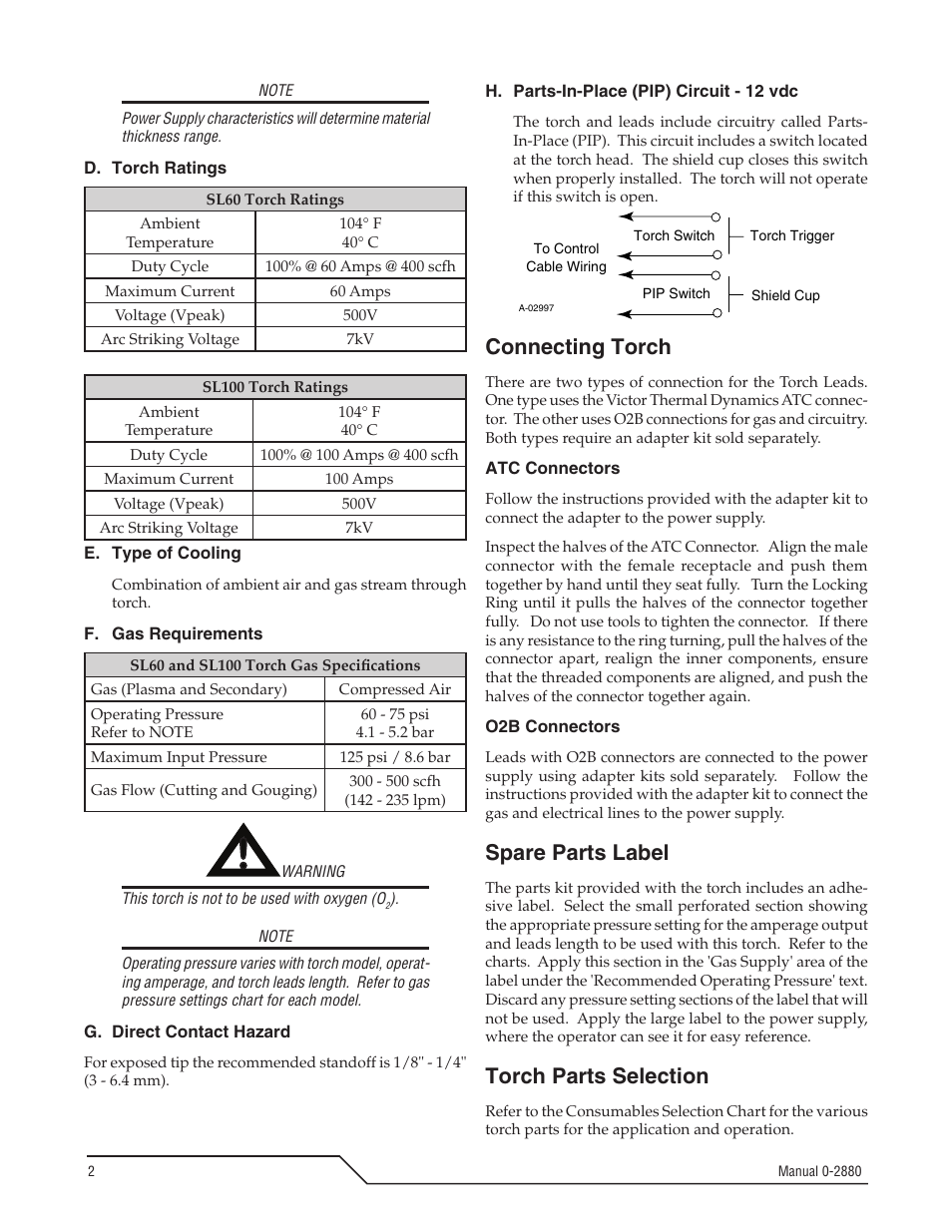 Connecting torch, Spare parts label, Torch parts selection | Tweco SL100 User Manual | Page 2 / 12