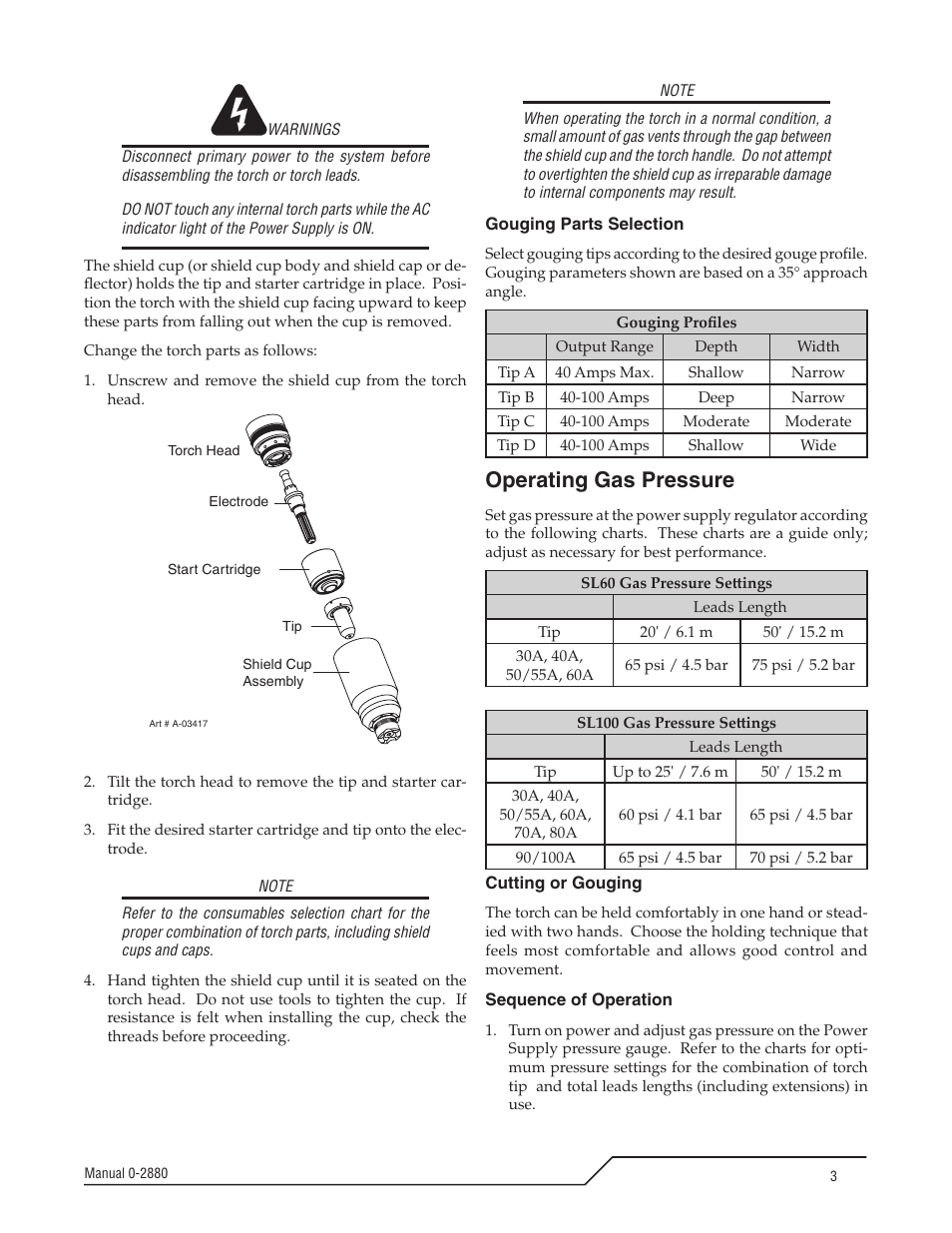 Operating gas pressure | Tweco SL100 User Manual | Page 3 / 12