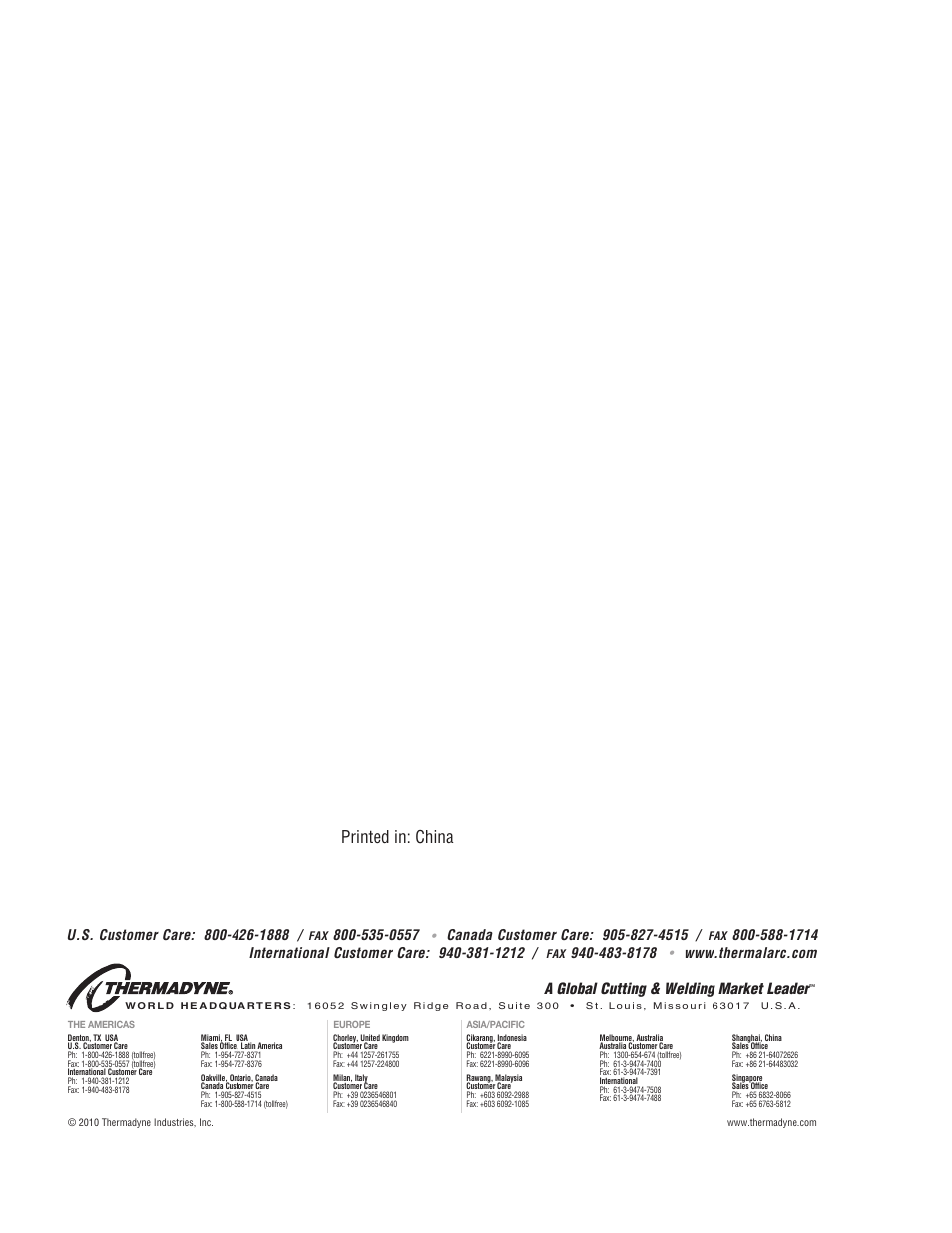 Printed in: china, A global cutting & welding market leader | Tweco W4015101 User Manual | Page 8 / 8
