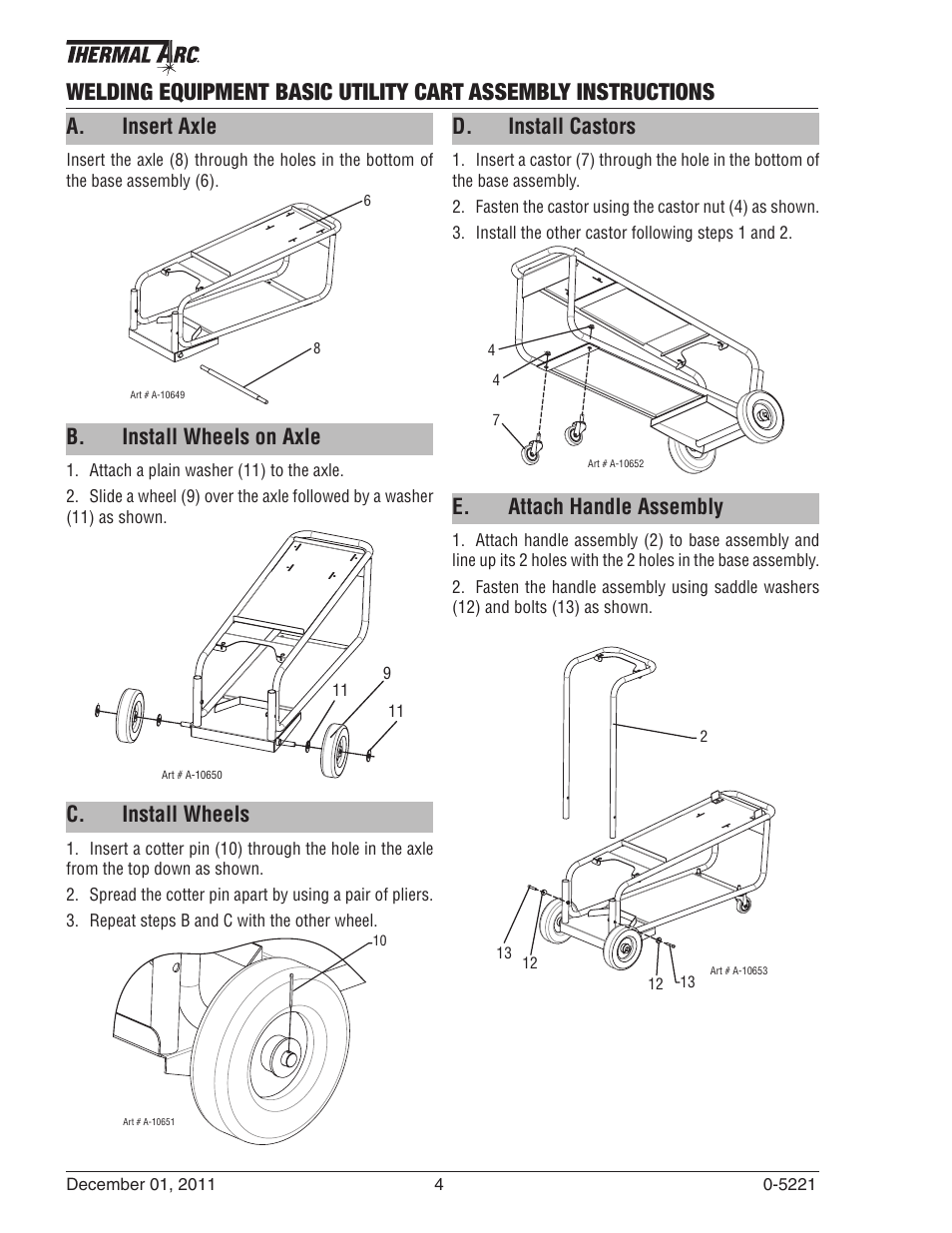 A. insert axle, B. install wheels on axle, C. install wheels | D. install castors, E. attach handle assembly | Tweco Welding Equipment Basic Utility Cart User Manual | Page 4 / 8