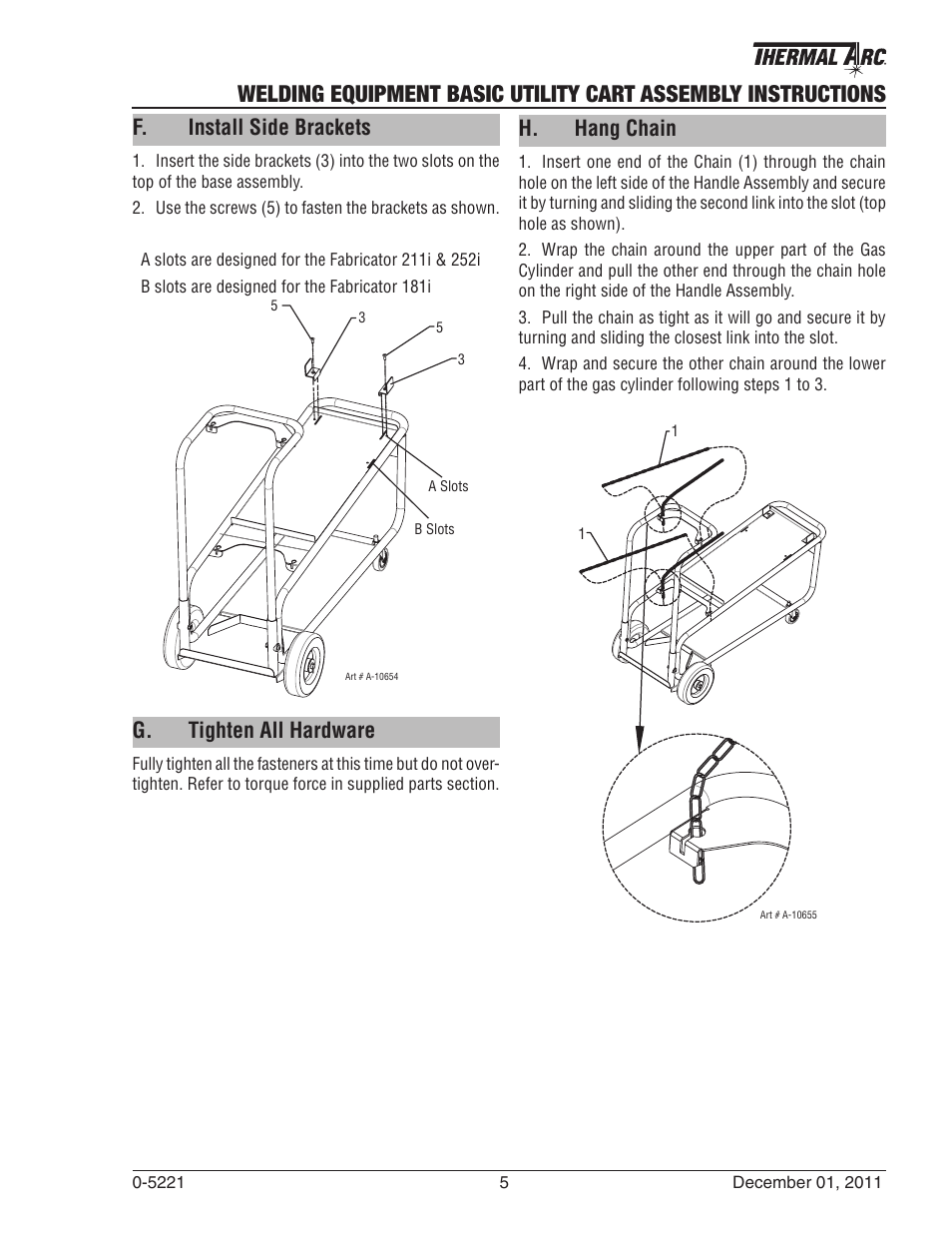 F. install side brackets, G. tighten all hardware, H. hang chain | Tweco Welding Equipment Basic Utility Cart User Manual | Page 5 / 8