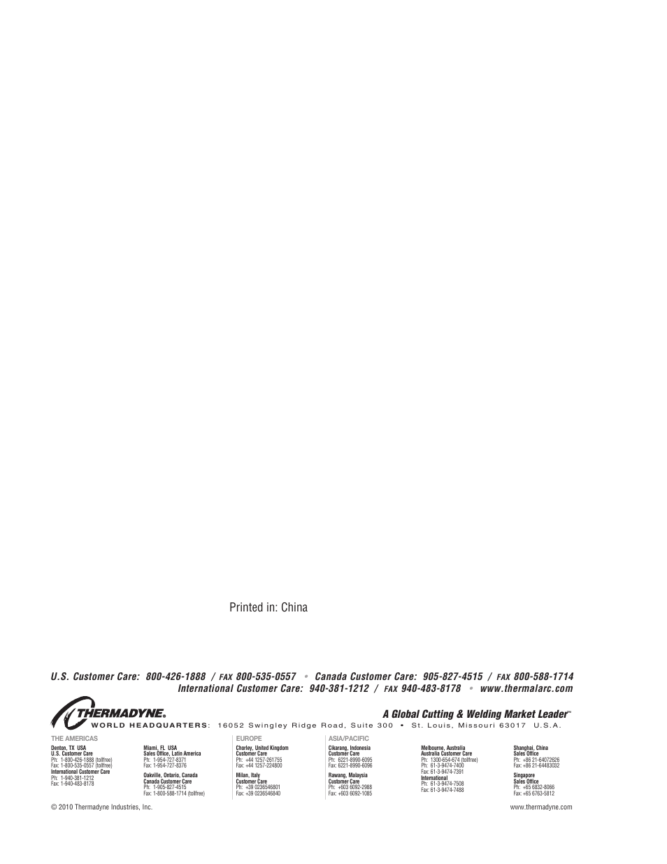 Printed in: china, A global cutting & welding market leader | Tweco Welding Equipment Basic Utility Cart User Manual | Page 8 / 8