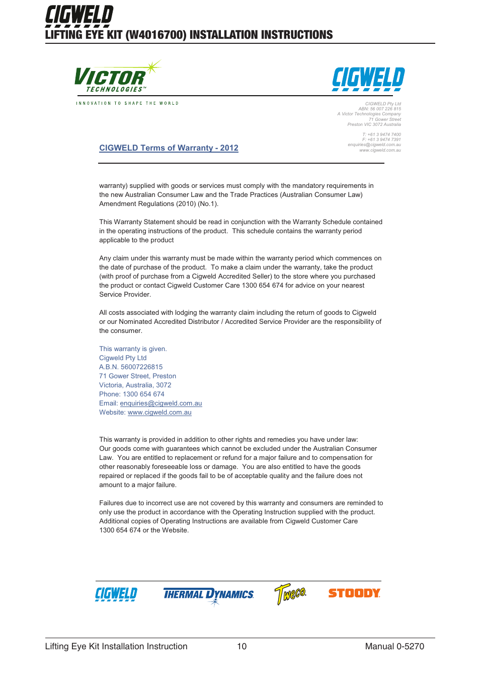 Cigweld terms of warranty - 2012 | Tweco W4016700 User Manual | Page 10 / 12