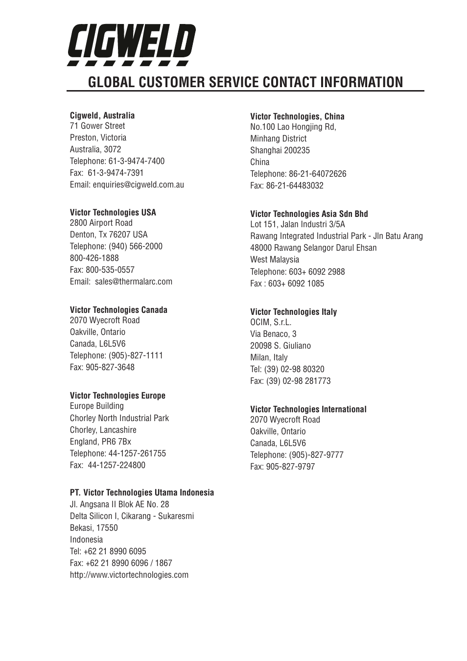 Global customer service contact information | Tweco W4016900 User Manual | Page 11 / 12