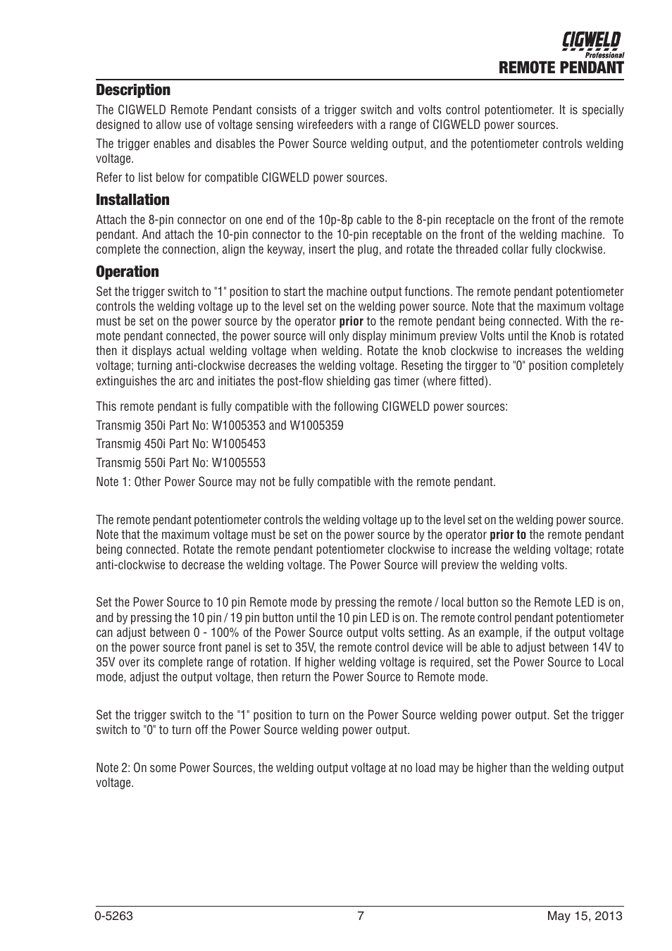 Remote pendant, Description, Installation | Operation | Tweco W4016900 User Manual | Page 7 / 12