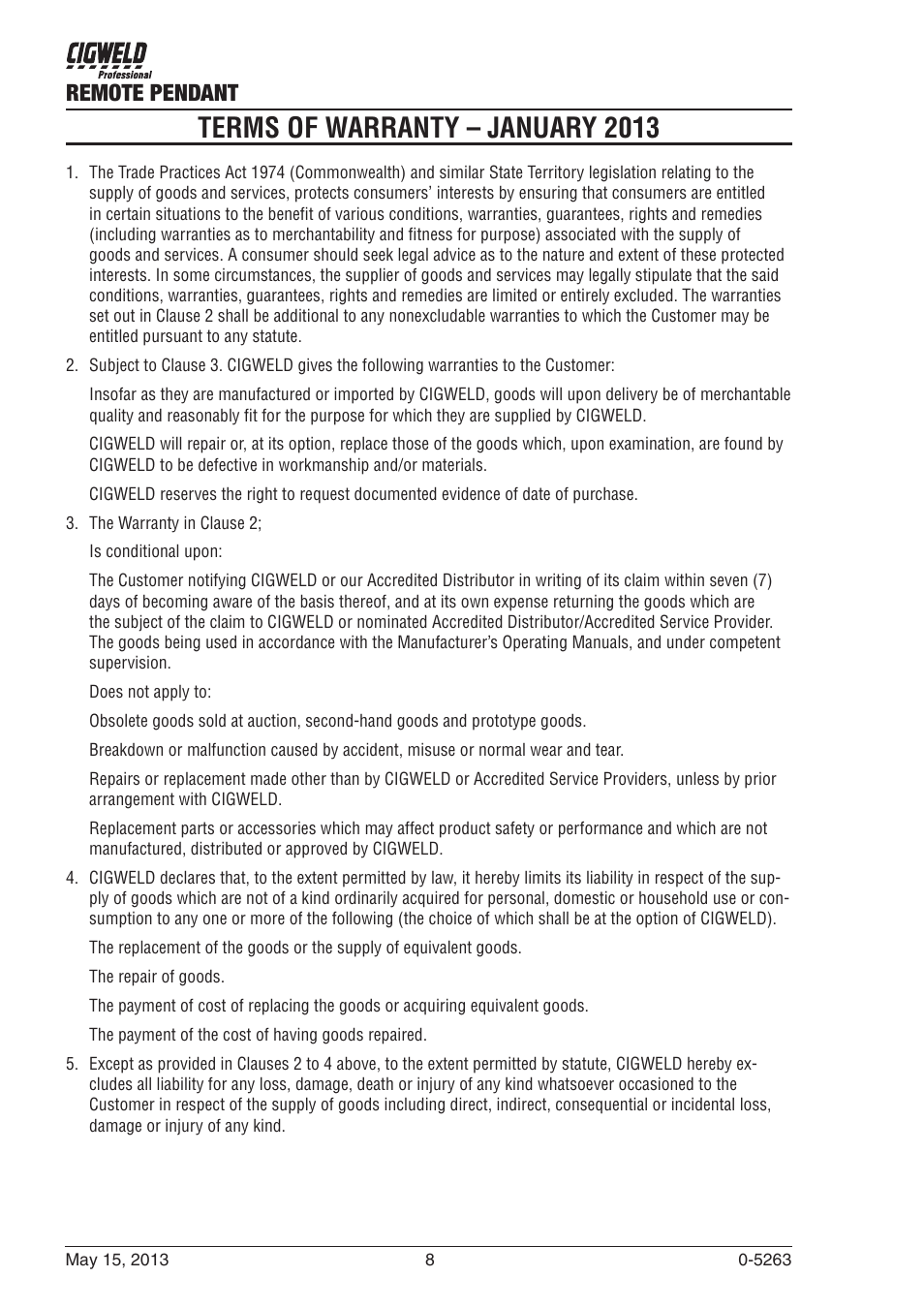 Terms of warranty – january 2013, Remote pendant | Tweco W4016900 User Manual | Page 8 / 12
