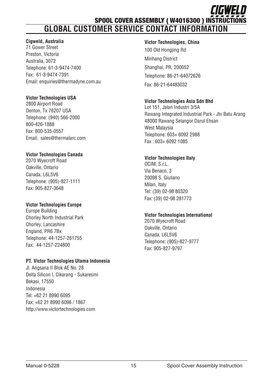 Global customer service contact information | Tweco W4016300 User Manual | Page 15 / 16