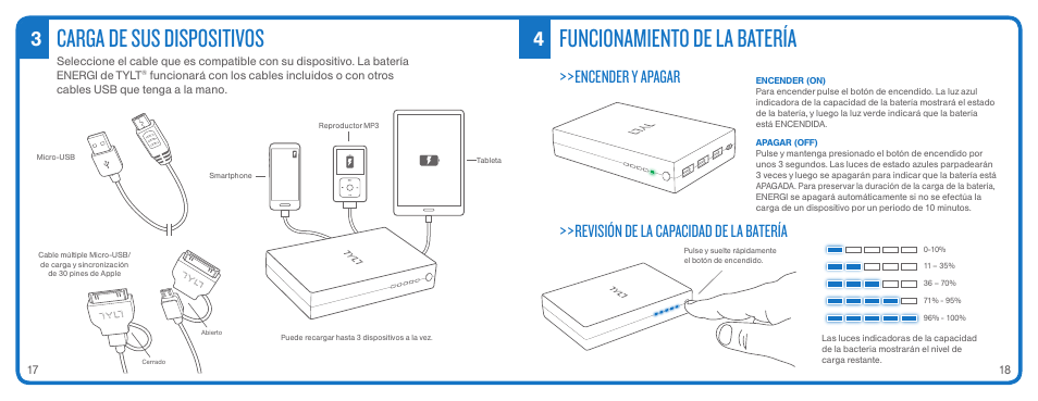 Carga de sus dispositivos, Funcionamiento de la batería, Encender y apagar | Revisión de la capacidad de la batería | TYLT ENERGI+ BACKPACK User Manual | Page 11 / 25