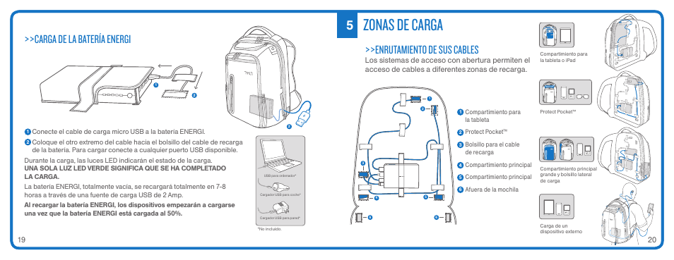 Zonas de carga, Carga de la batería energi, Enrutamiento de sus cables | TYLT ENERGI+ BACKPACK User Manual | Page 12 / 25