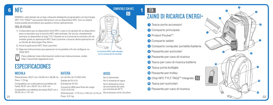 Zaino di ricarica energi, Especificaciones, Mochila | Batería, Aviso, Compatible con nfc, Fácil de utilizar | TYLT ENERGI+ BACKPACK User Manual | Page 13 / 25