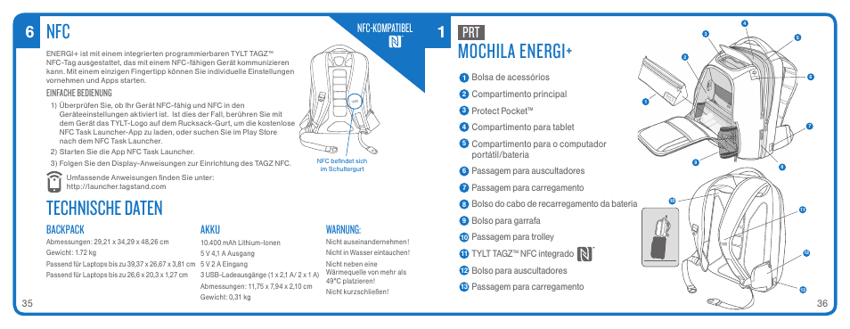 Technische daten, Mochila energi, Backpack | Akku, Warnung, Nfc-kompatibel | TYLT ENERGI+ BACKPACK User Manual | Page 20 / 25