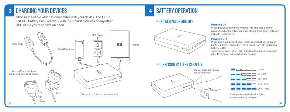 Charging your devices, Battery operation, Powering on and off | Checking battery capacity | TYLT ENERGI+ BACKPACK User Manual | Page 4 / 25