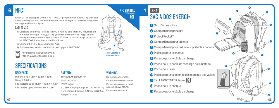 Specifications, Sac a dos energi, Backpack | Battery, Warning | TYLT ENERGI+ BACKPACK User Manual | Page 6 / 25