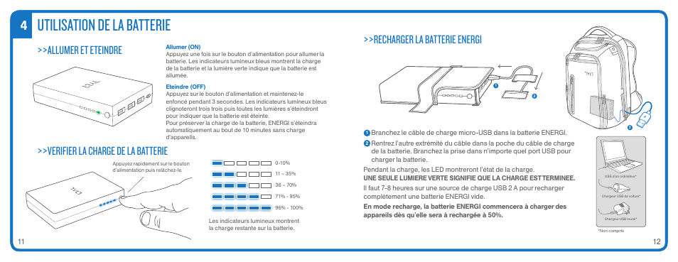 Utilisation de la batterie, Allumer et eteindre, Verifier la charge de la batterie | Recharger la batterie energi | TYLT ENERGI+ BACKPACK User Manual | Page 8 / 25