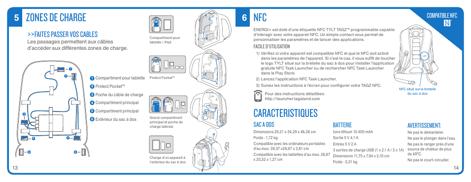 Zones de charge, Caracteristiques, Faites passer vos cables | Sac a dos, Batterie, Avertissement, Compatible nfc, Facile d'utilisation | TYLT ENERGI+ BACKPACK User Manual | Page 9 / 25