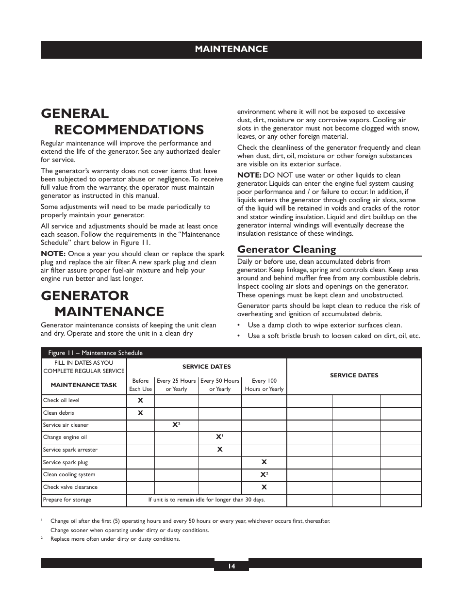 General recommendations, Generator maintenance, Generator cleaning | Maintenance | Briggs & Stratton 30325 User Manual | Page 14 / 44