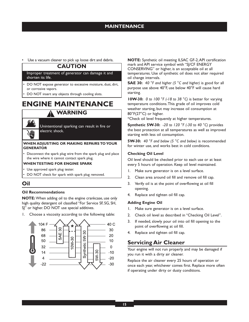 Engine maintenance, Servicing air cleaner, Caution | Warning | Briggs & Stratton 30325 User Manual | Page 15 / 44