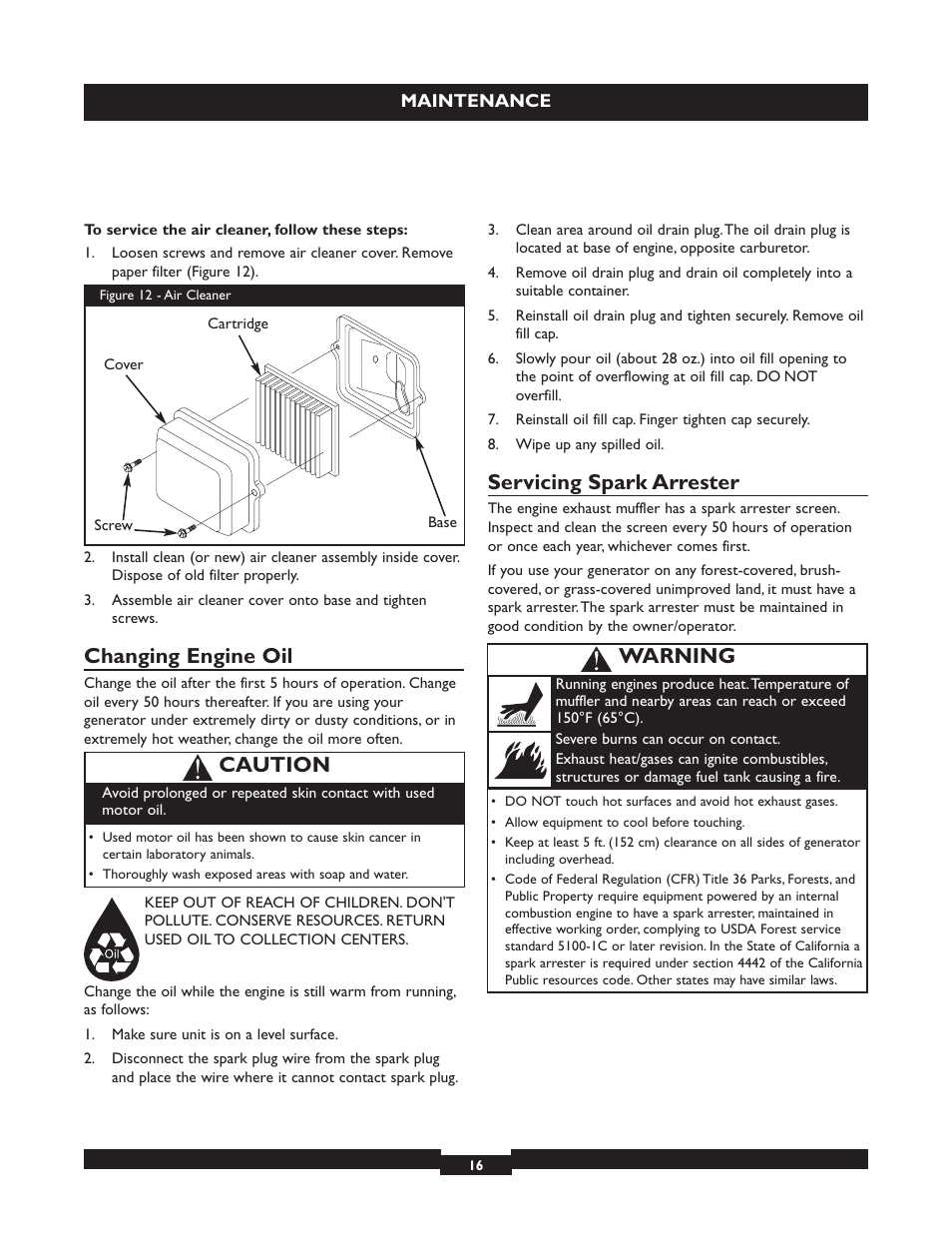 Changing engine oil, Servicing spark arrester, Caution | Warning | Briggs & Stratton 30325 User Manual | Page 16 / 44