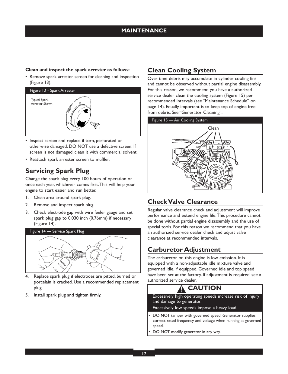 Servicing spark plug, Clean cooling system, Check valve clearance | Carburetor adjustment, Caution | Briggs & Stratton 30325 User Manual | Page 17 / 44