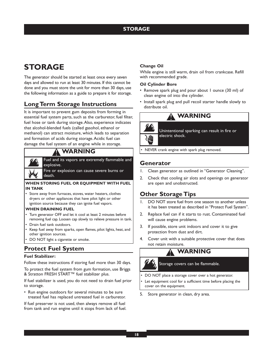 Storage, Long term storage instructions, Protect fuel system | Generator, Other storage tips, Warning | Briggs & Stratton 30325 User Manual | Page 18 / 44
