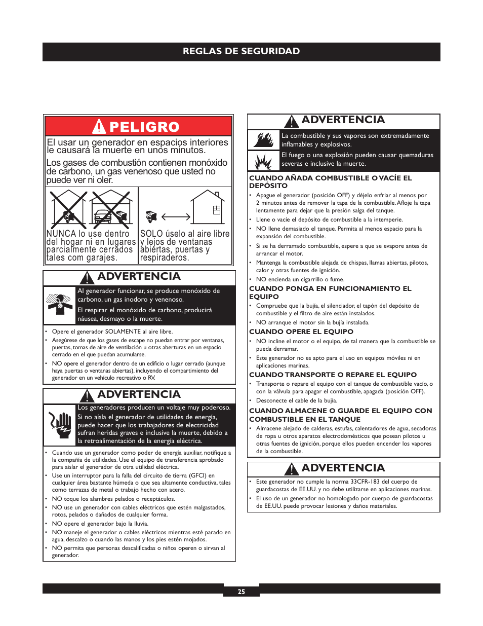 Advertencia, Reglas de seguridad | Briggs & Stratton 30325 User Manual | Page 25 / 44