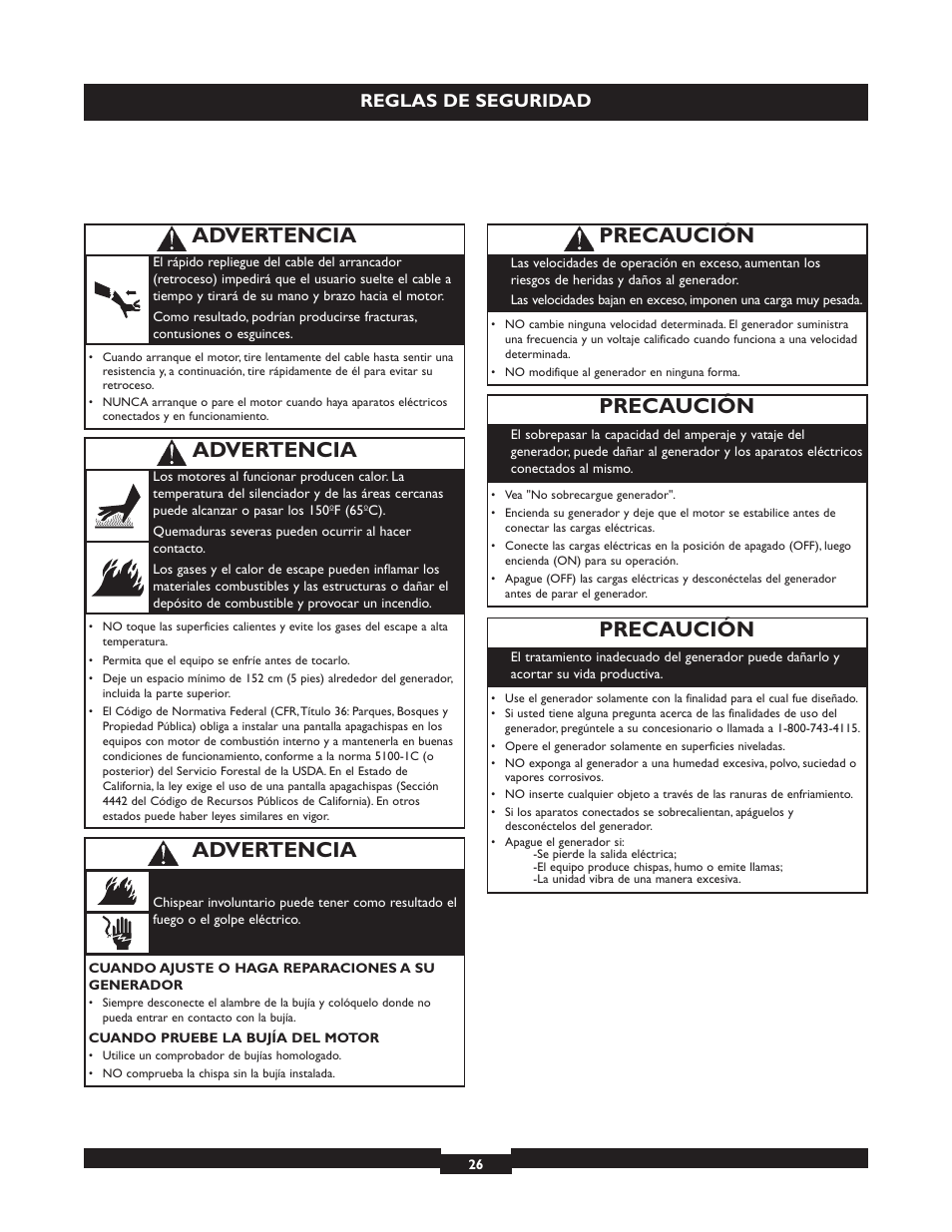 Precaución, Advertencia, Reglas de seguridad | Briggs & Stratton 30325 User Manual | Page 26 / 44